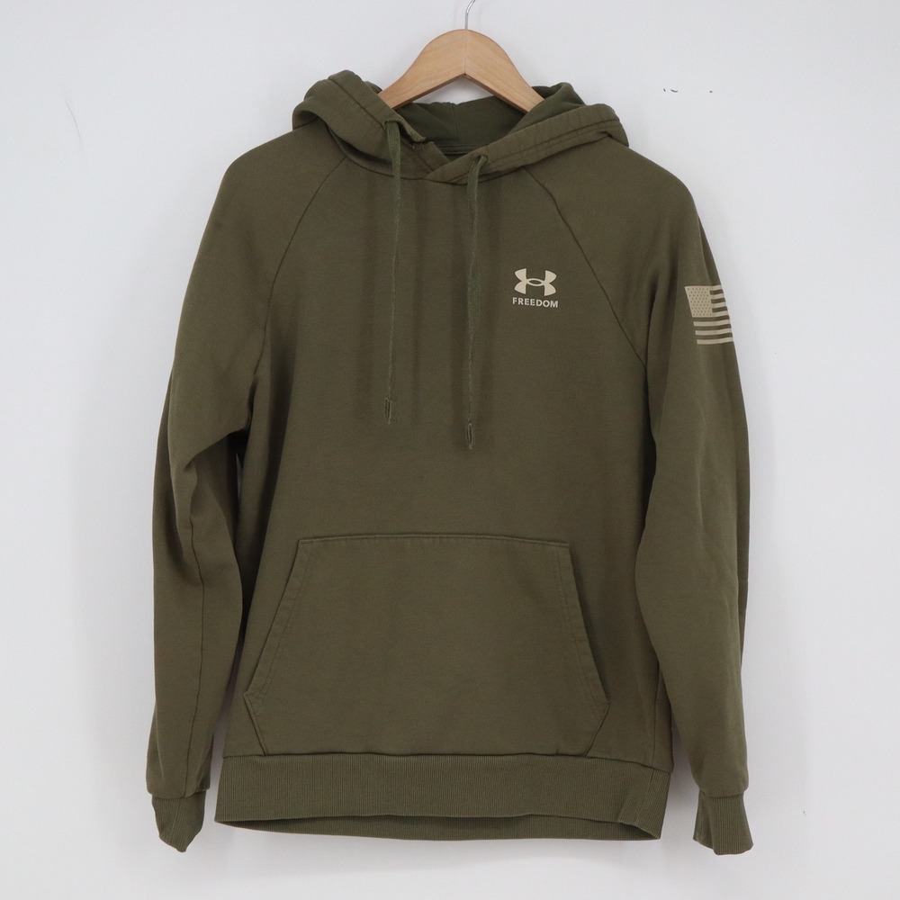 Under Armour Hoodie Mens S Freedom Pullover Olive Green Flag Graphic Excellent